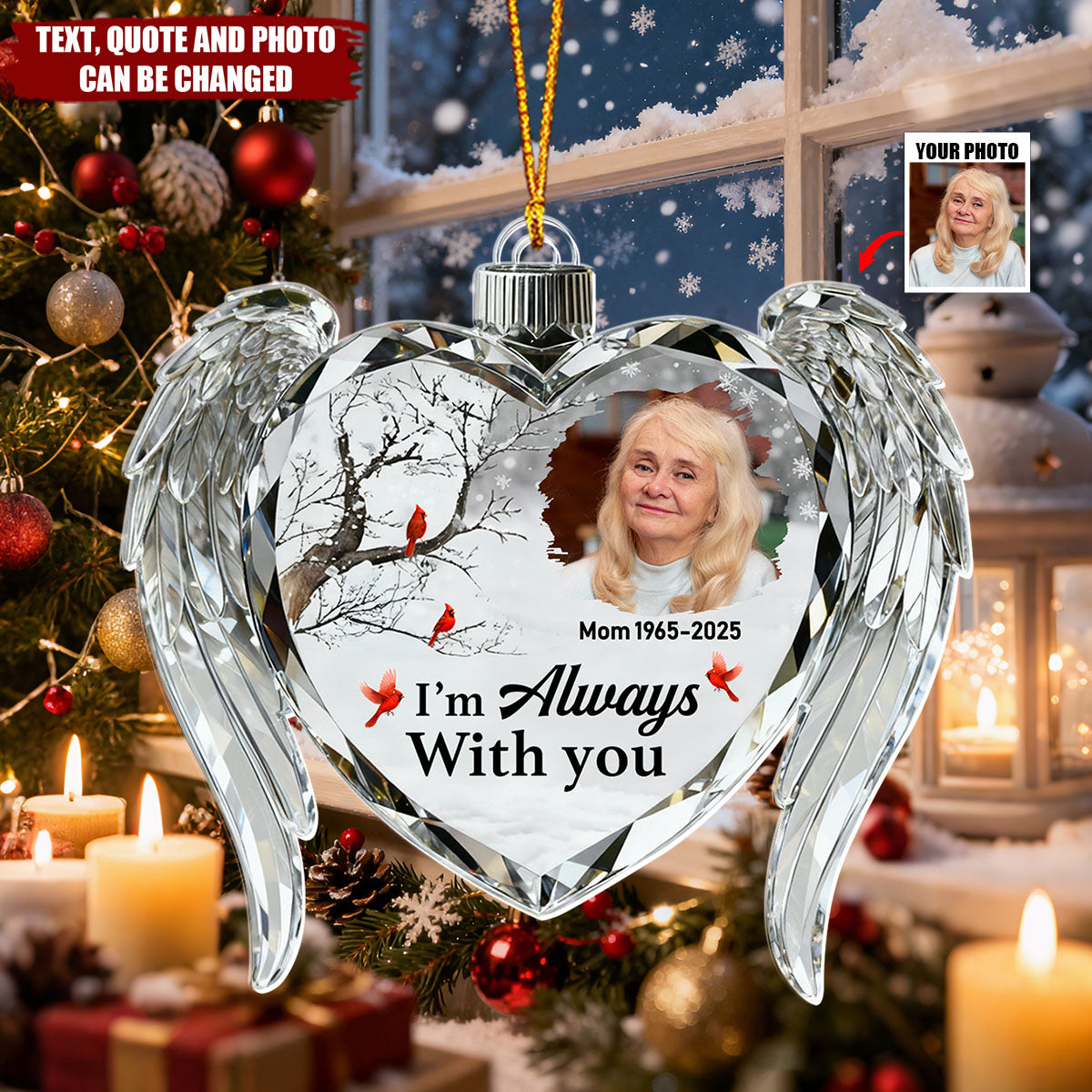 Personalized  Memorial Crystal Heart Wings Christmas Acrylic Ornament With Name & Photo | Sympathy Gift For Loss Of Loved One