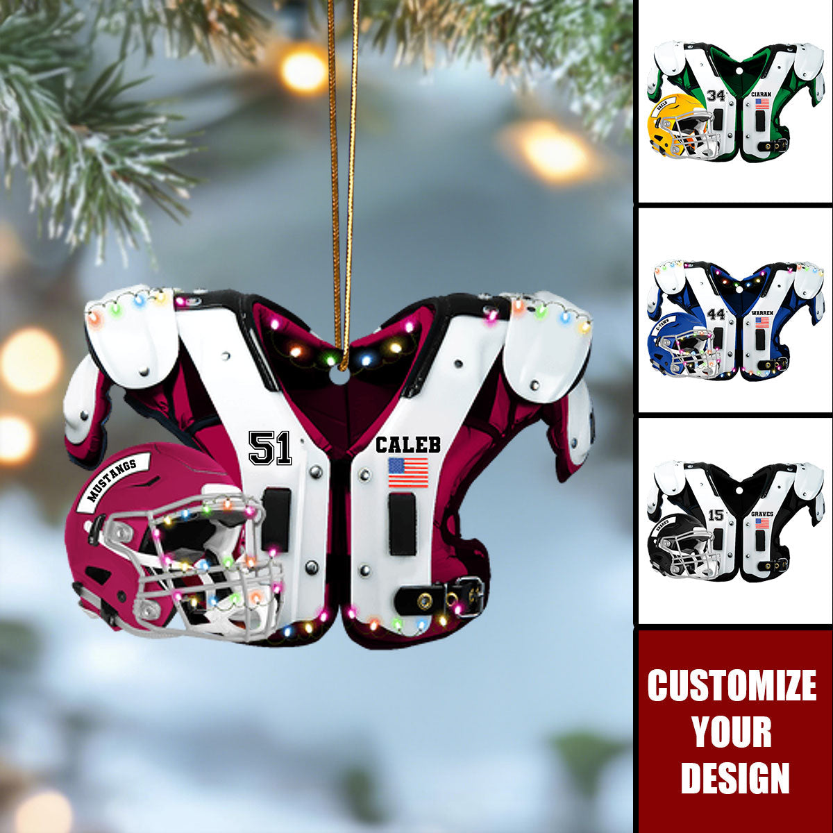Personalized American Football Shoulder Pads and Helmet Ornament With Name & Number Color Design Ultimate Collection For Sport Lovers