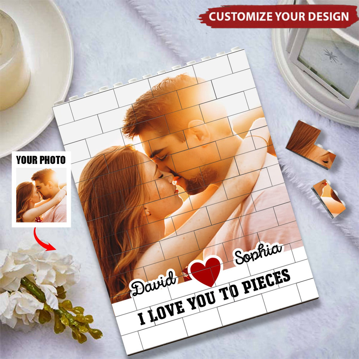 Personalized Photo Building Bricks Blocks With Name |"I Love You To Pieces" | Creative Anniversary Valentine's Day Gift For Couples & Soulmates