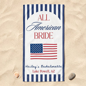 Personalized Name & Location Beach Towel With All American Bride Graphic For Wedding Gift