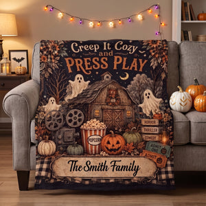 Personalized Halloween Movie Blanket - Haunted House Ghost Pumpkin Movie Night Decor - Family Gift