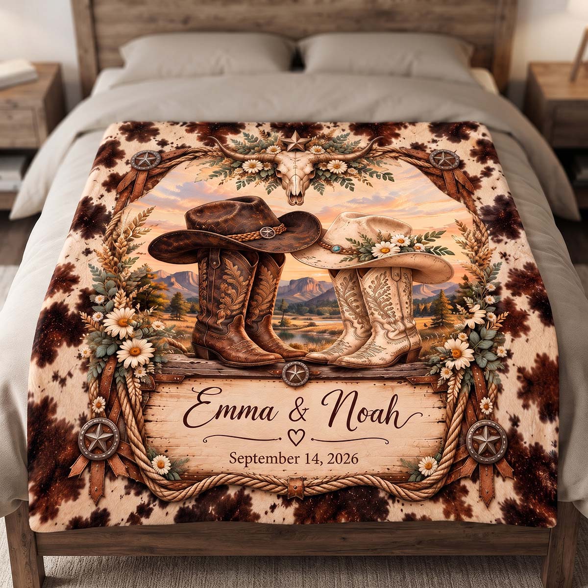 Personalized Western Cowboy Couple Blanket | Wedding Anniversary Gift For Country Couple