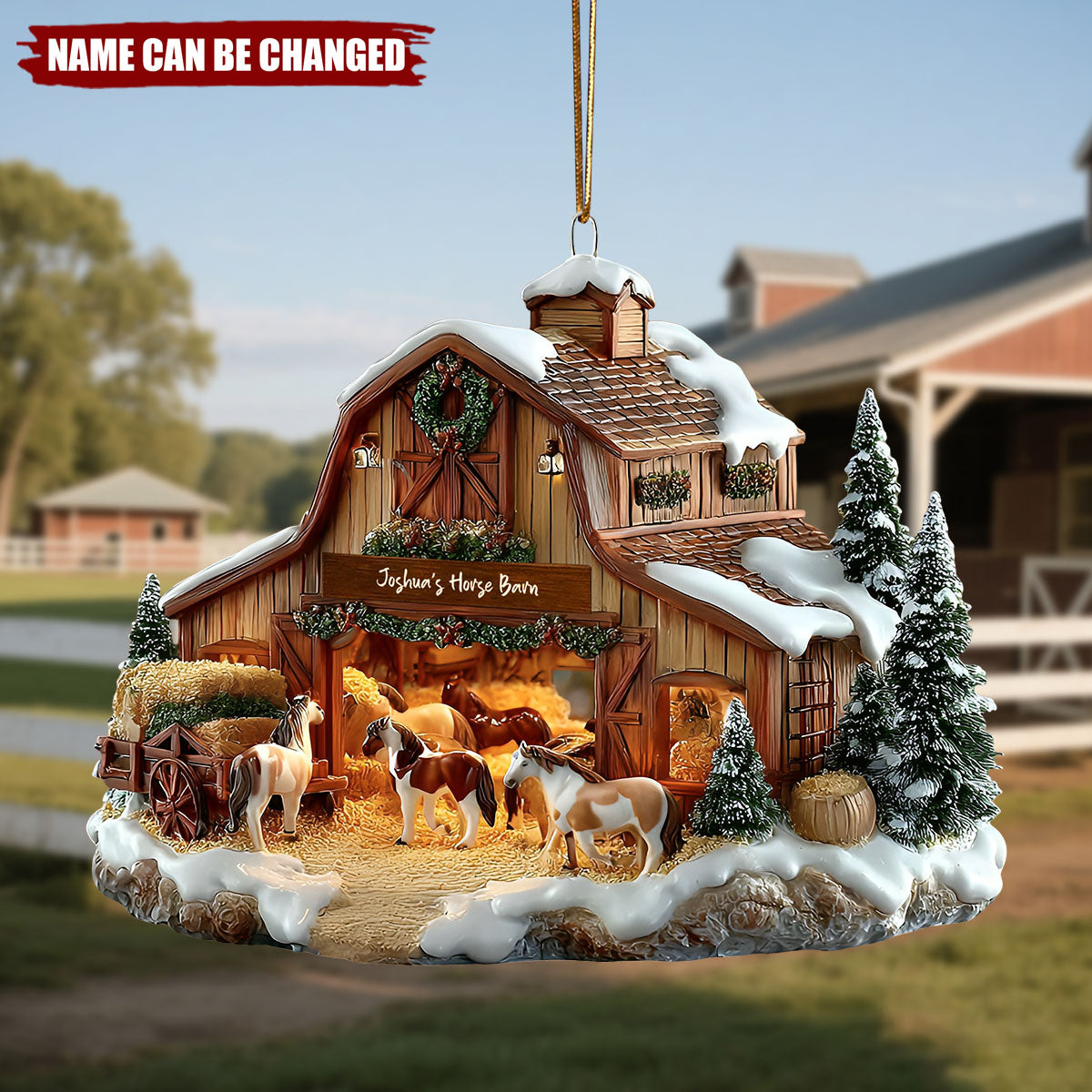 Personalized Horse Barn Christmas Ornament With Name,Winter Equestrian Fun For Horse Lovers & Barn Family