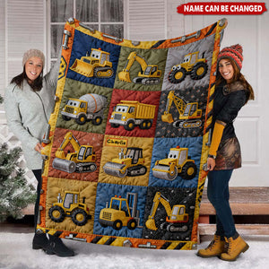 Personalized Construction Machines Blanket With Name | Fun Excavator & Truck Decor | Birthday Gift For Boy Kids