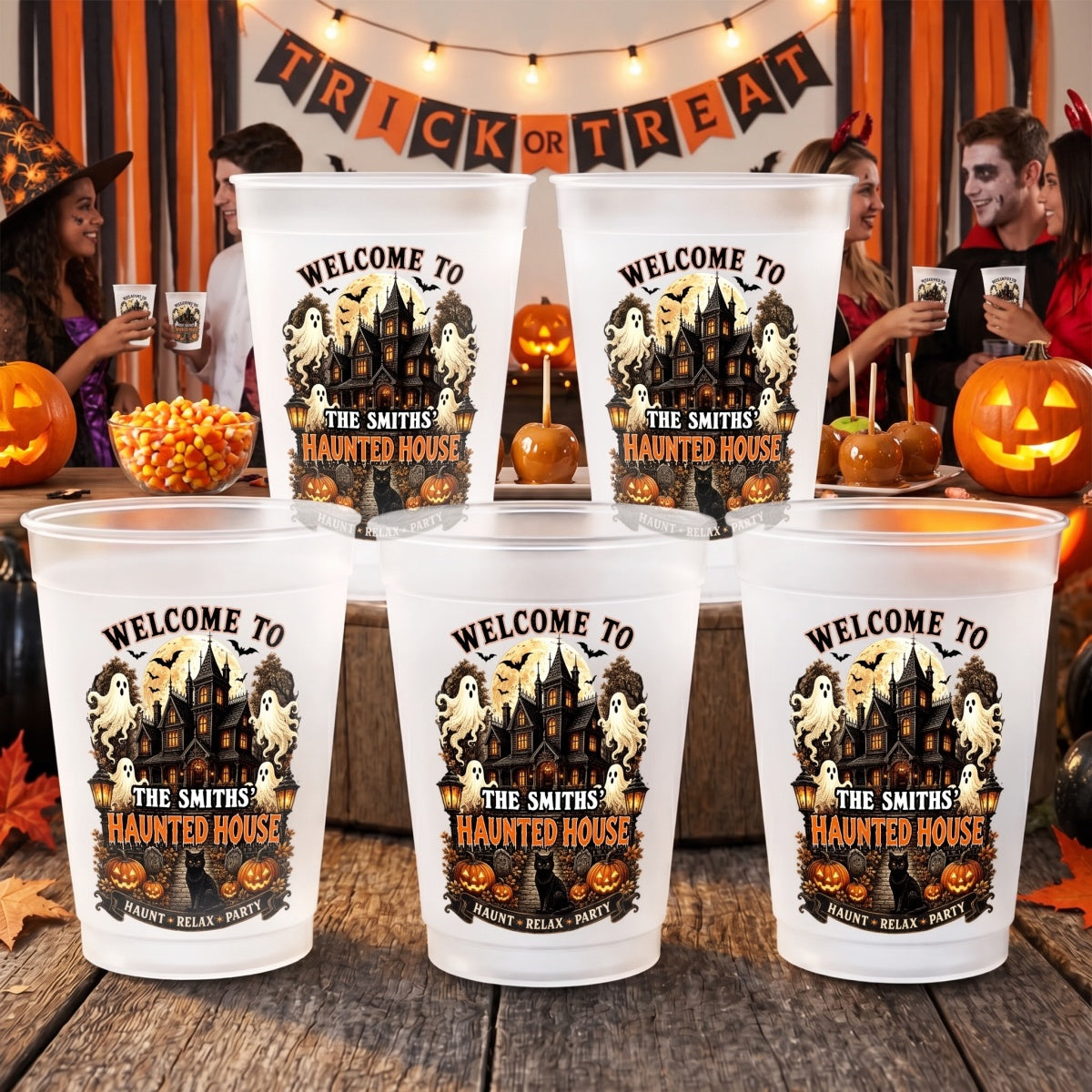 Personalized Haunted House Party Cups - Spooky Black Cat Frosted Favors- Halloween Gifts For Family