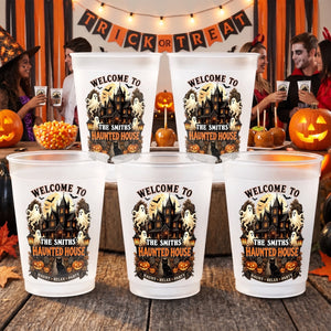 Personalized Haunted House Party Cups - Spooky Black Cat Frosted Favors- Halloween Gifts For Family