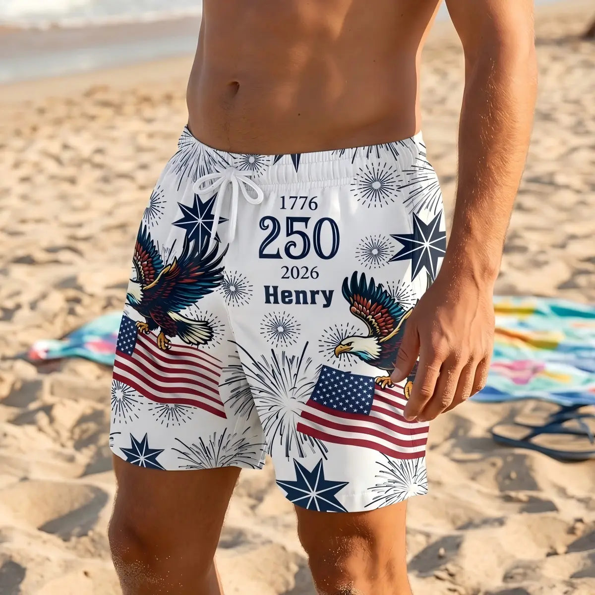 Custom Name USA 250th Anniversary Swim Trunks | Men's Patriotic Flag Shorts | 4th Of July Gift