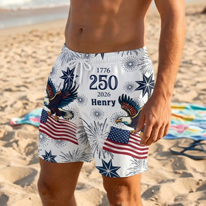 Custom Name USA 250th Anniversary Swim Trunks | Men's Patriotic Flag Shorts | 4th Of July Gift