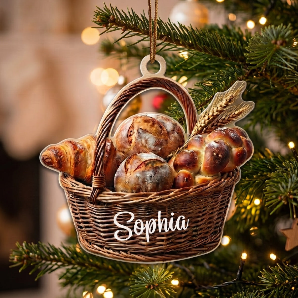 Custom Name Bread Basket Acrylic Ornament - Cozy Kitchen Bakery Christmas Decor