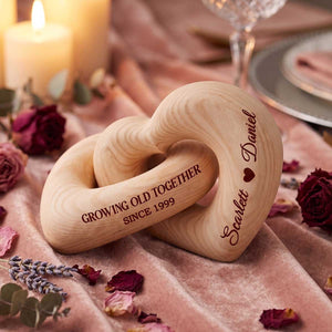 Growing Old Together - Personalized Interlocking Couple Wooden Hearts Sculpture