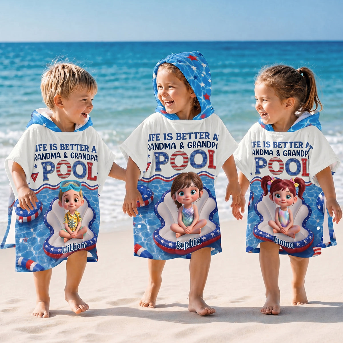 Personalized Kids Hooded Beach Towel With "Life Is Better At Grandma Pool" | Kids 4th Of July Pool Gift