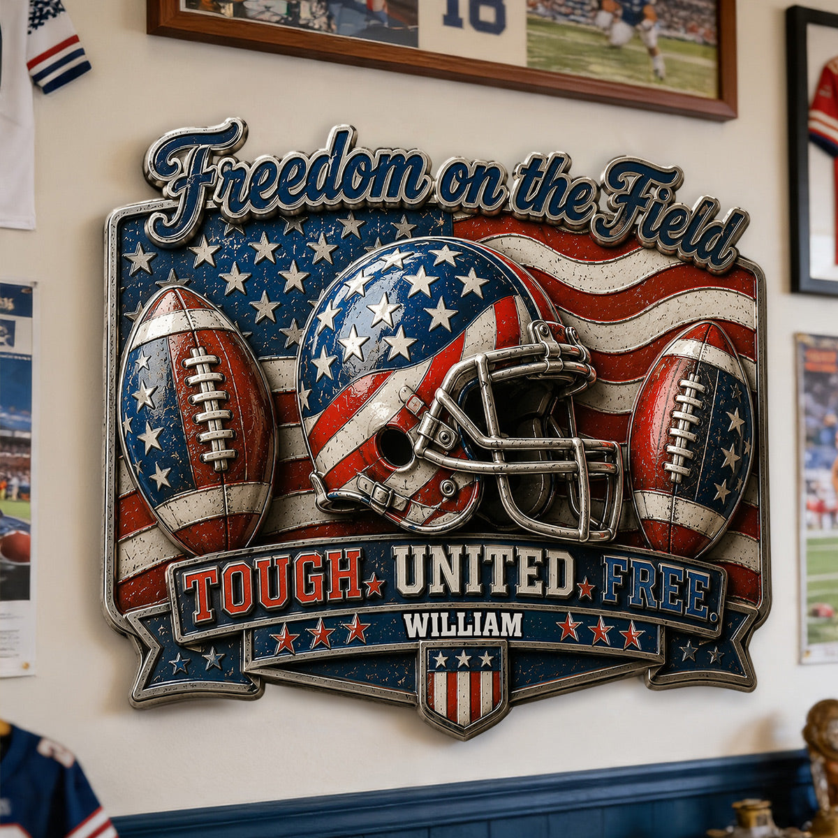 Personalized "Play For Freedom" Football Metal Sign | America 250th Decor Gift