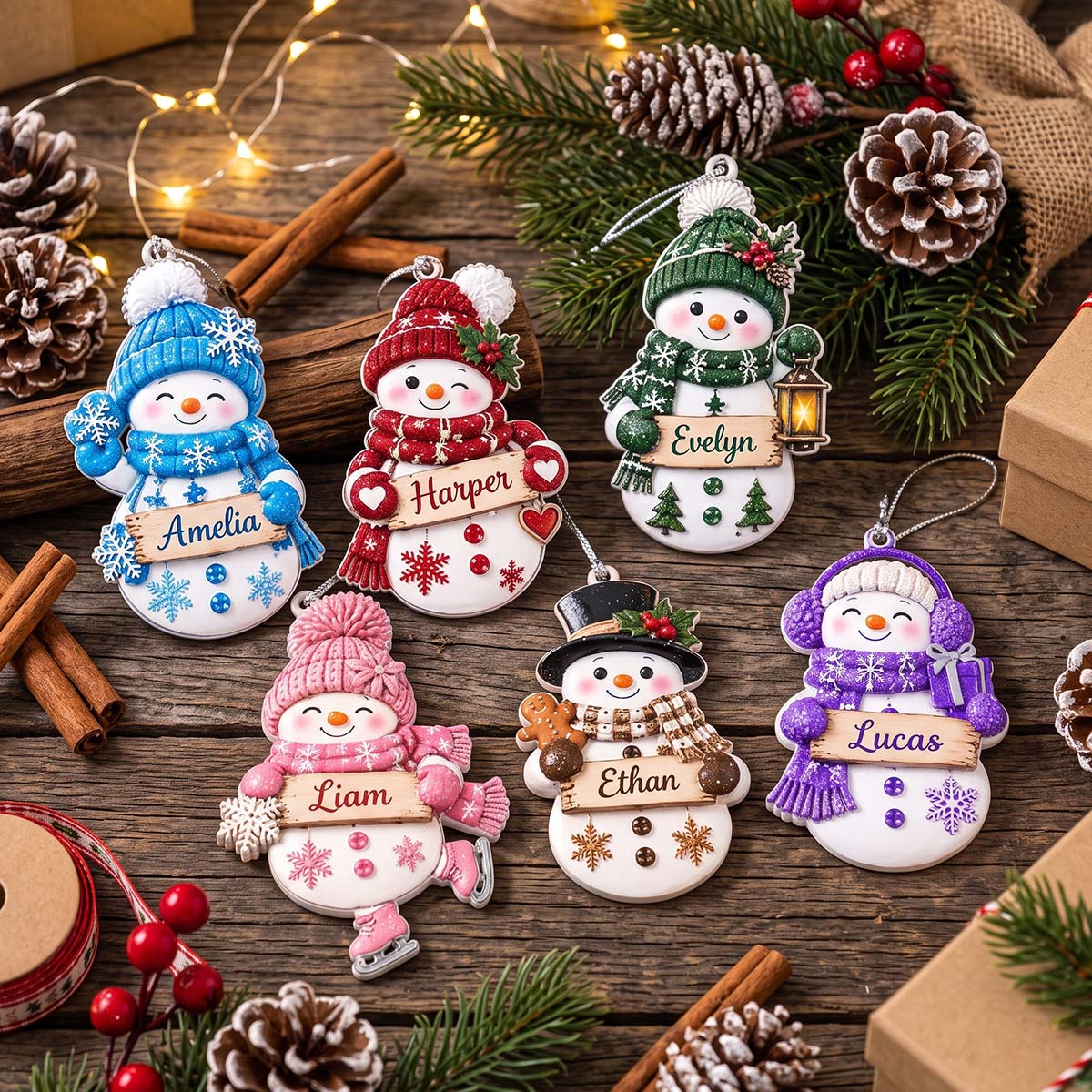 Personalized Cute Knit Hat Snowman Acrylic Ornament | Gift For Kids Family Christmas Keepsake