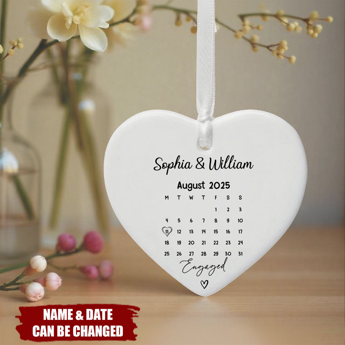 Custom Engraved Heart Ornament - Personalized with Names & Date - Bridal Shower Gift For Engaged Couples & Newlyweds