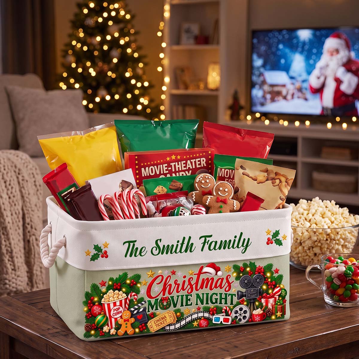 Custom Christmas Movie Night Basket - Supplies Snack Storage Basket With Handles - Personalized Storage Basket