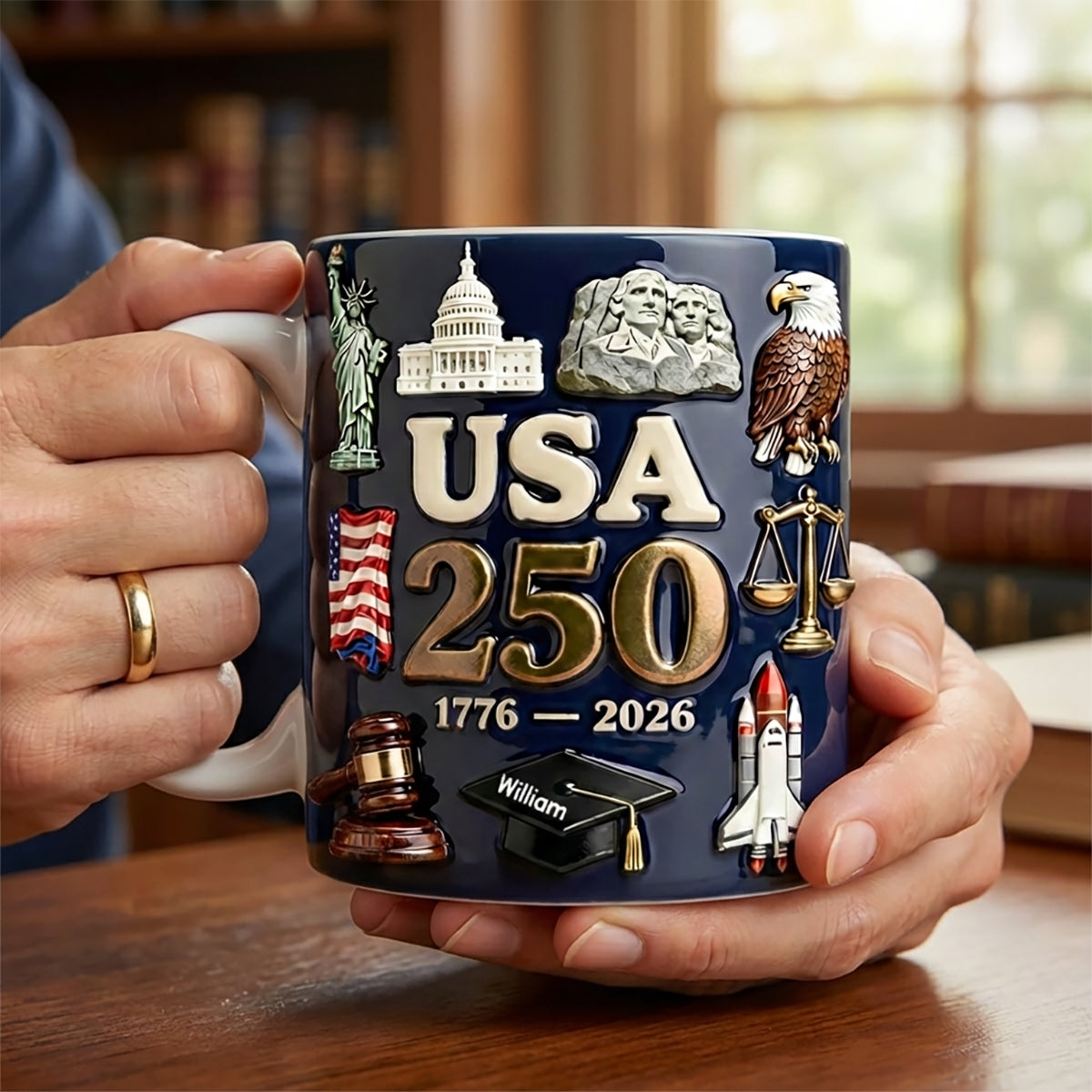 Personalized 3D Effect USA 250th Coffee Mug | Custom Name Patriotic Gift For 2026, 4th of July, History Lovers