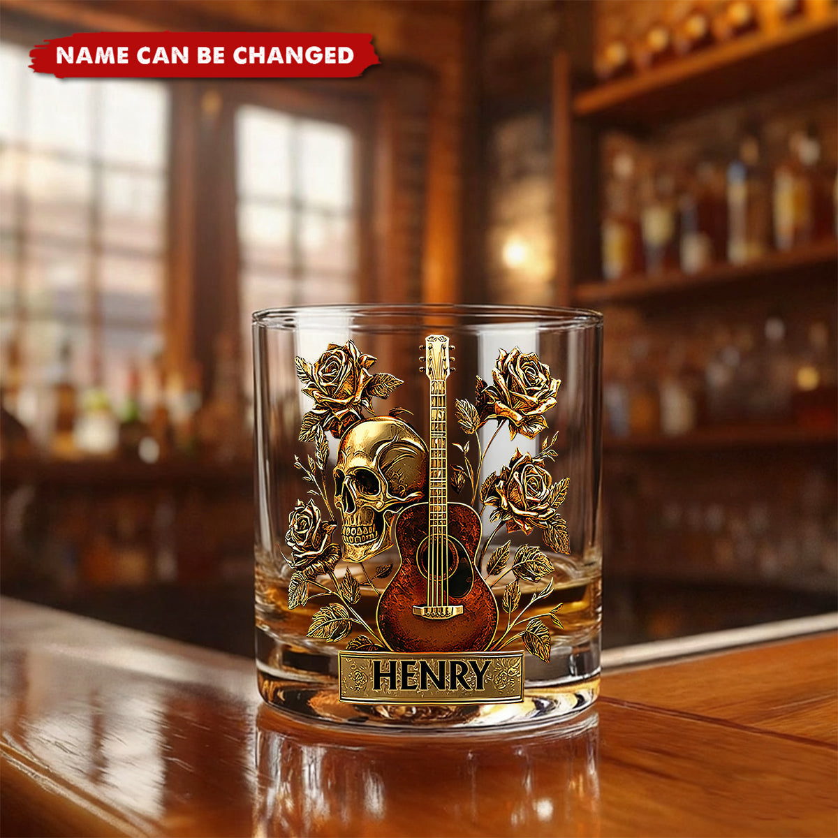 Personalized Guitar Whiskey Glass With Name | Guitar & Skull & Roses | Unique Xmas Gift For Musician Husband Men