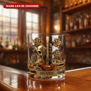 Personalized Guitar Whiskey Glass With Name | Guitar & Skull & Roses | Unique Xmas Gift For Musician Husband Men