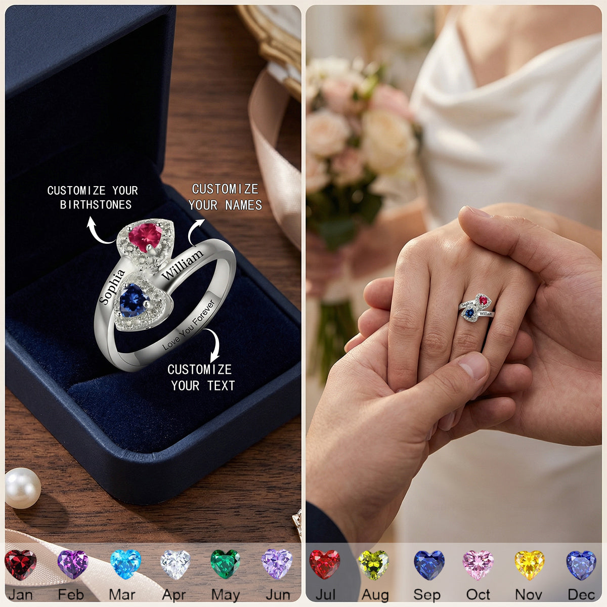 Personalized Love You Forever Duo Birthstone Ring | Anniversary Jewelry Gift For Girlfriend