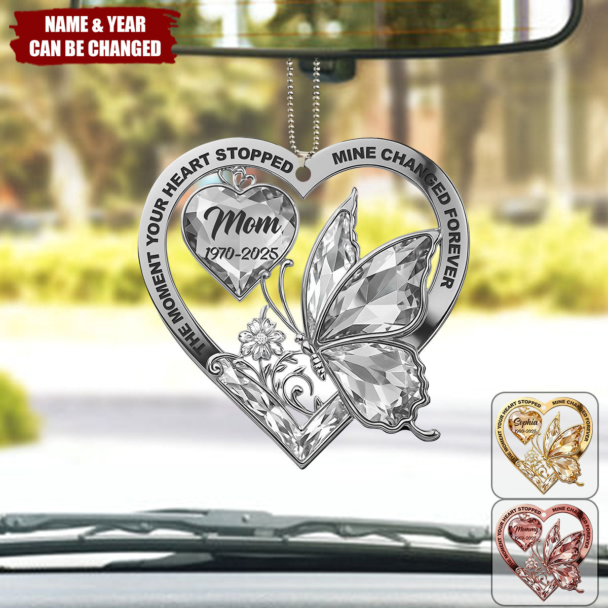 Personalized Memorial Butterfly & Heart Car Ornament With Name & Year & Color | Soul-Stirring Sympathy Bereavement Gift For Loss Of Loved One