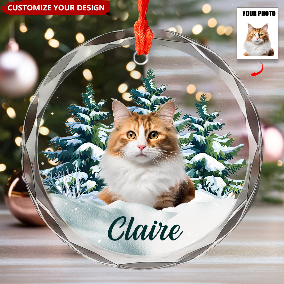 Personalized Photo Dog Glass Ornament with Name - Custom Christmas Gift For Pet Owners & Pet Lovers