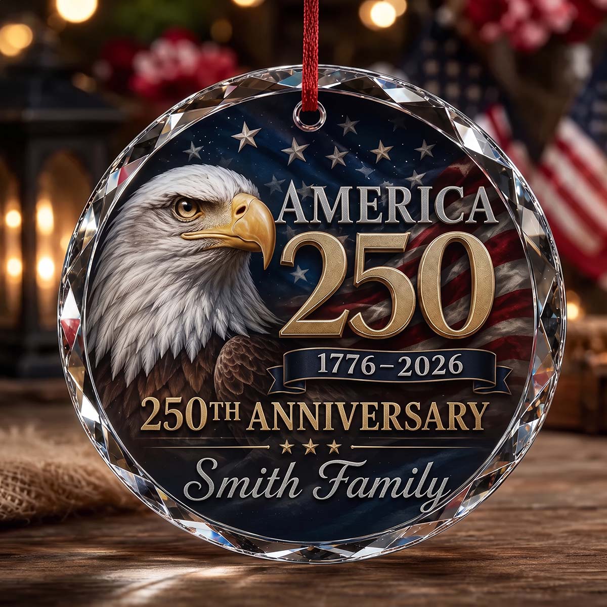 Personalized Bald Eagle America 250th Glass Ornament | 1776-2026 Patriotic Christmas Family Keepsake