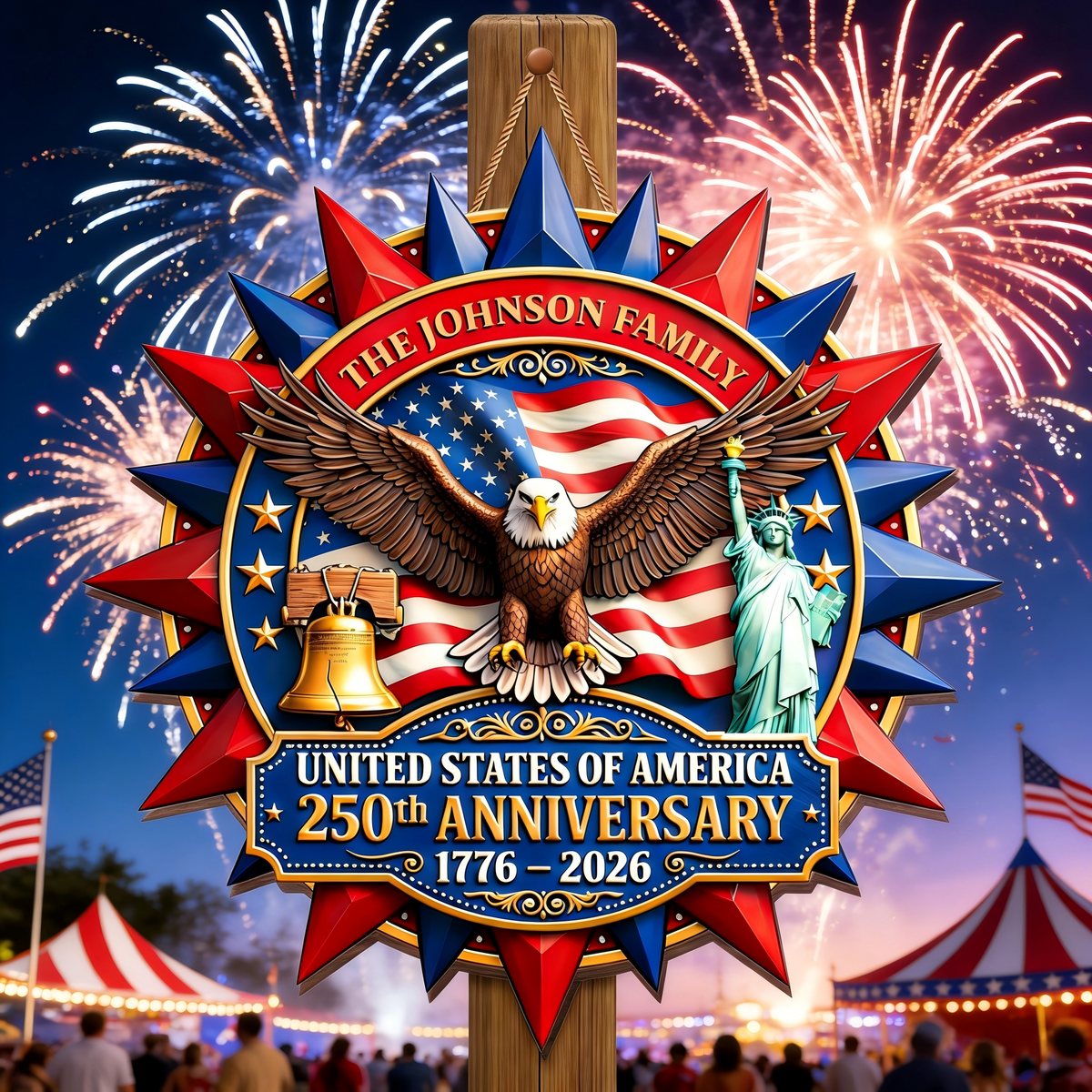 Personalized United States Anniversary Wood Sign With Family Name | Independence Day Gift For Family