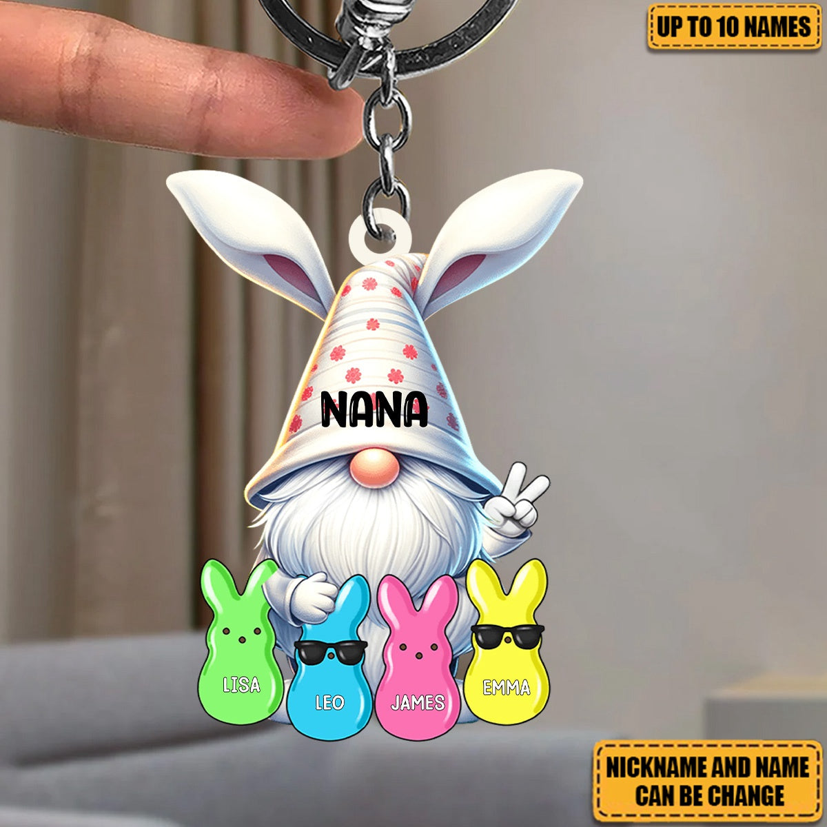 Personalized Bunny Ears Gnome Acrylic Keychain With Kids Names & Little Bunnies - Creative Easter Surprise Gift For Nana & Grandma