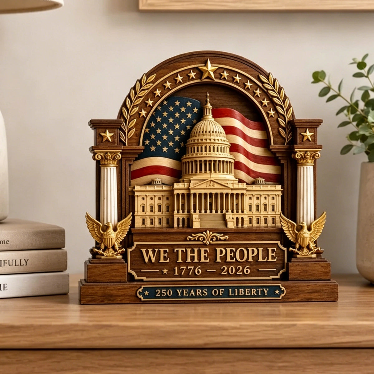America 250th Anniversary Wooden Block Desk Ornament | 1776-2026 US Flag 4th Of July Home Decor