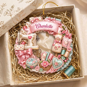Personalized Sewing Themed Wreath Acrylic Ornament | Christmas Gift For Seamstress Crafter Lover