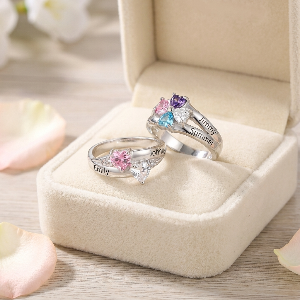 Personalized Heart Birthstone Promise Ring With 1-8 Names| Romantic Mother's Day Gift For Mom Grandma