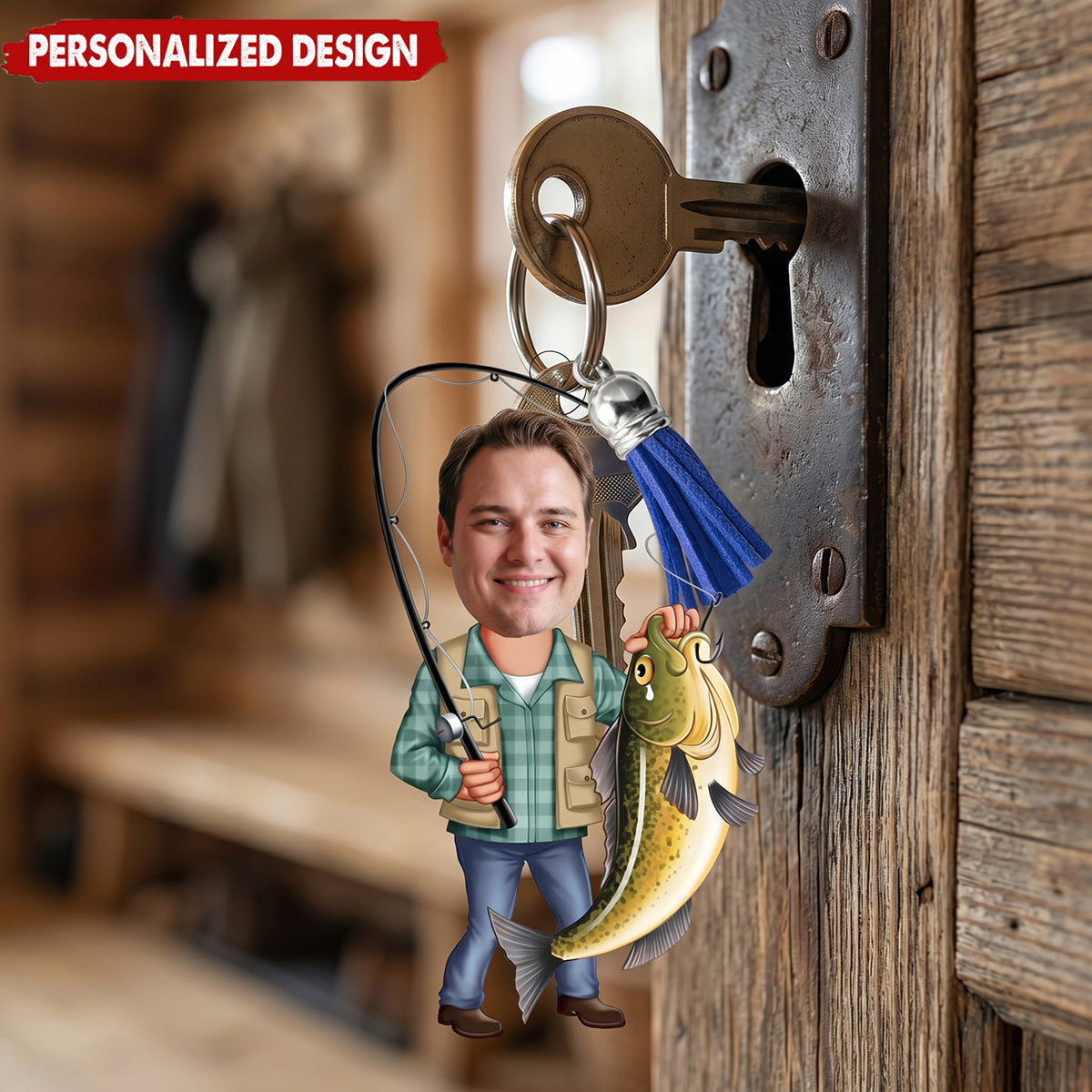 Personalized Face Photo Fishing Design Acrylic Keychain With Tassel | Father's Day Gift For Dad Grandpa