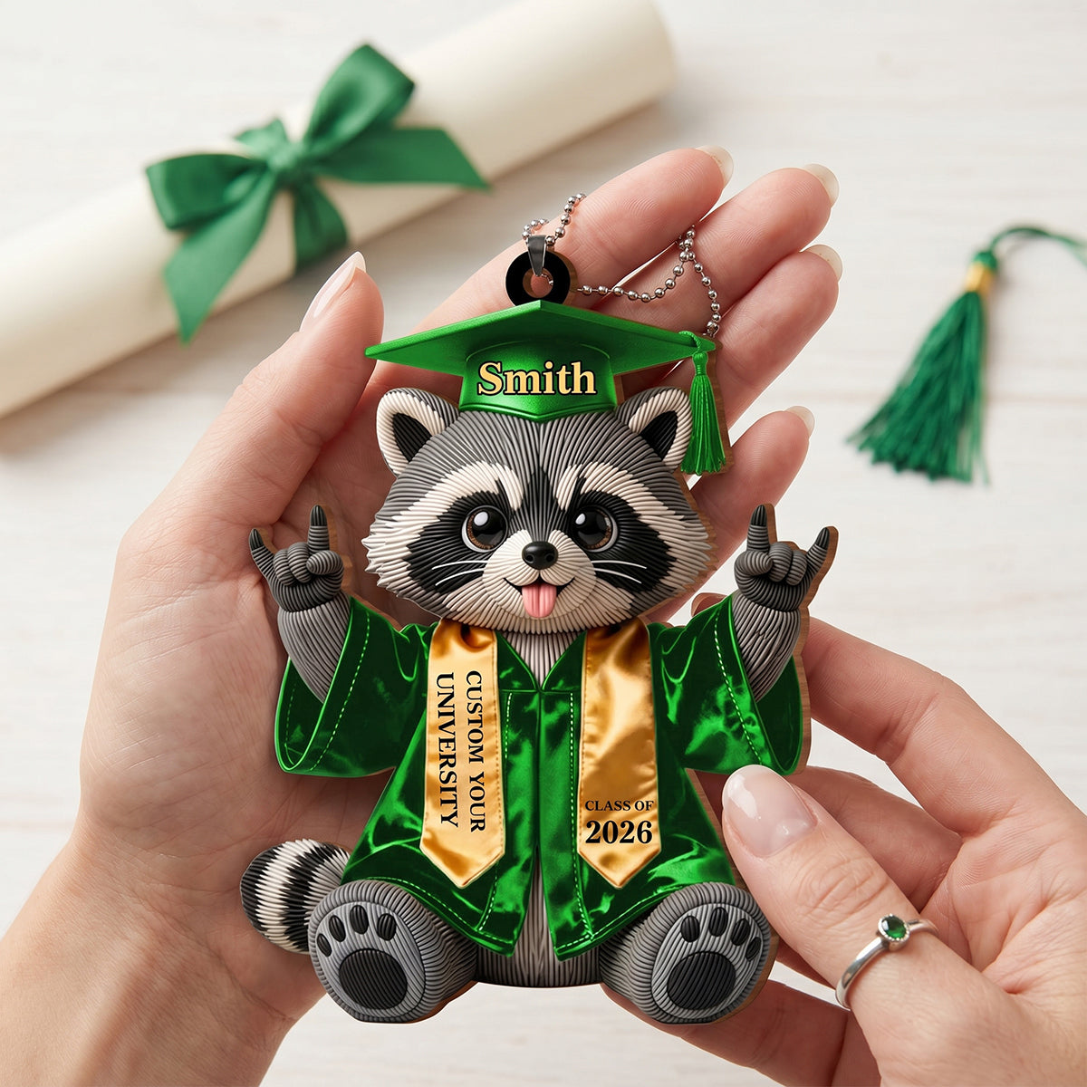 Personalized Class of Graduate Raccoon Wood Car Ornament | Gift For Graduates