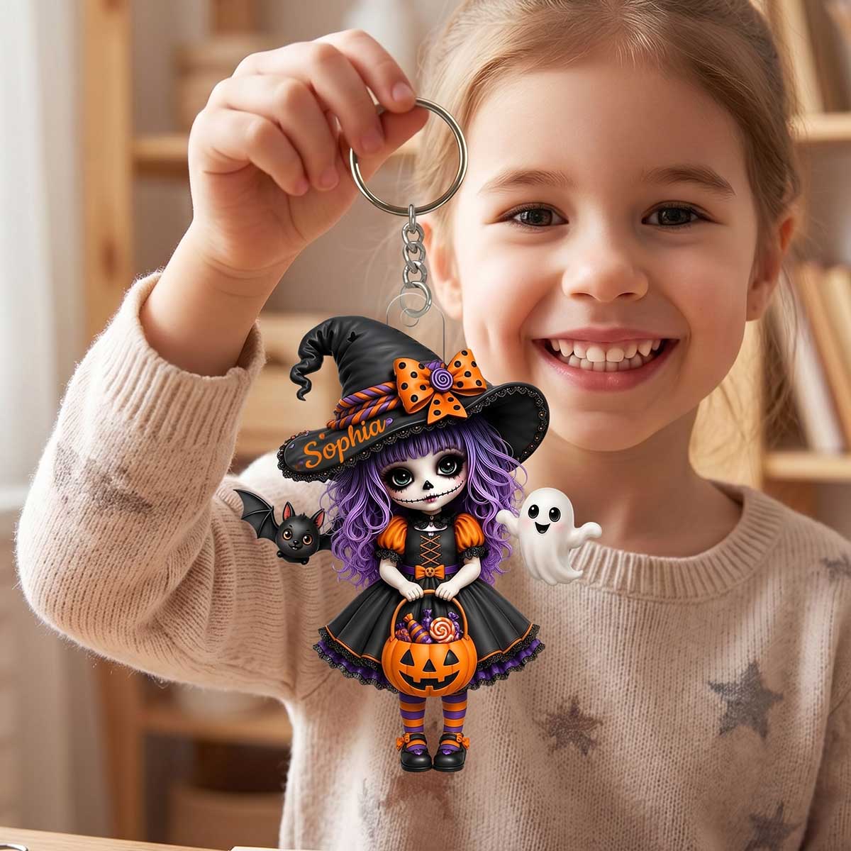 Personalized Skeleton Little Witch Acrylic Keychain | Unique Halloween Gift For Girls
