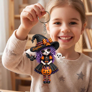 Personalized Skeleton Little Witch Acrylic Keychain | Unique Halloween Gift For Girls