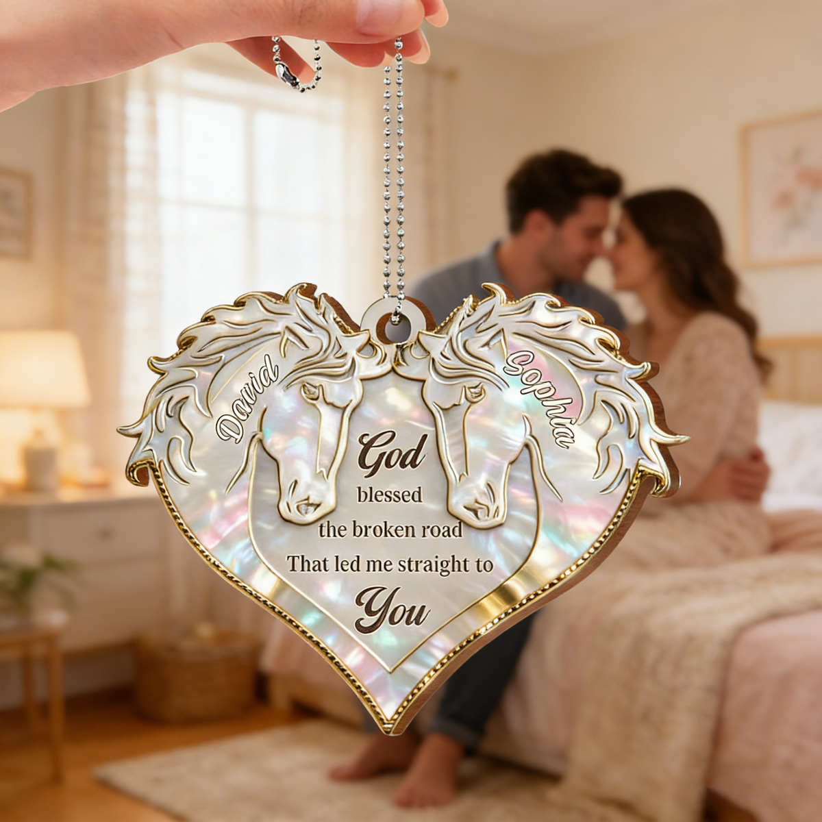 Personalized "God Led Me Straight To You" Heart Car Ornament With Twin Horses & Names - Valentine's Day Anniversary Gift For Couple