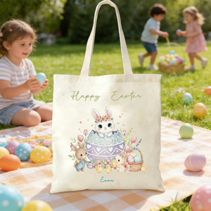 Personalized Watercolor Bunny Canvas Tote Bag With Name Happy Easter Egg Hunt Bag | Spring Party Favors Easter Gift For Kids