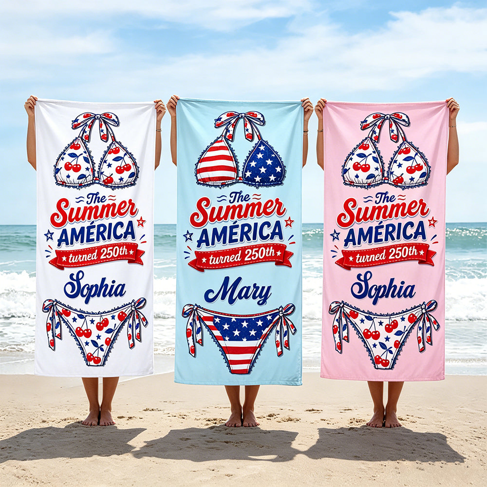 Personalized America 250th Beach Towel With Cherry Stars Stripes Bikini - Independence Gift For Her