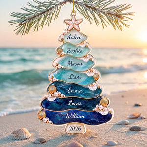 Personalized Sea Glass Family Christmas Tree Acrylic Ornament | Coastal Christmas Gift For Family