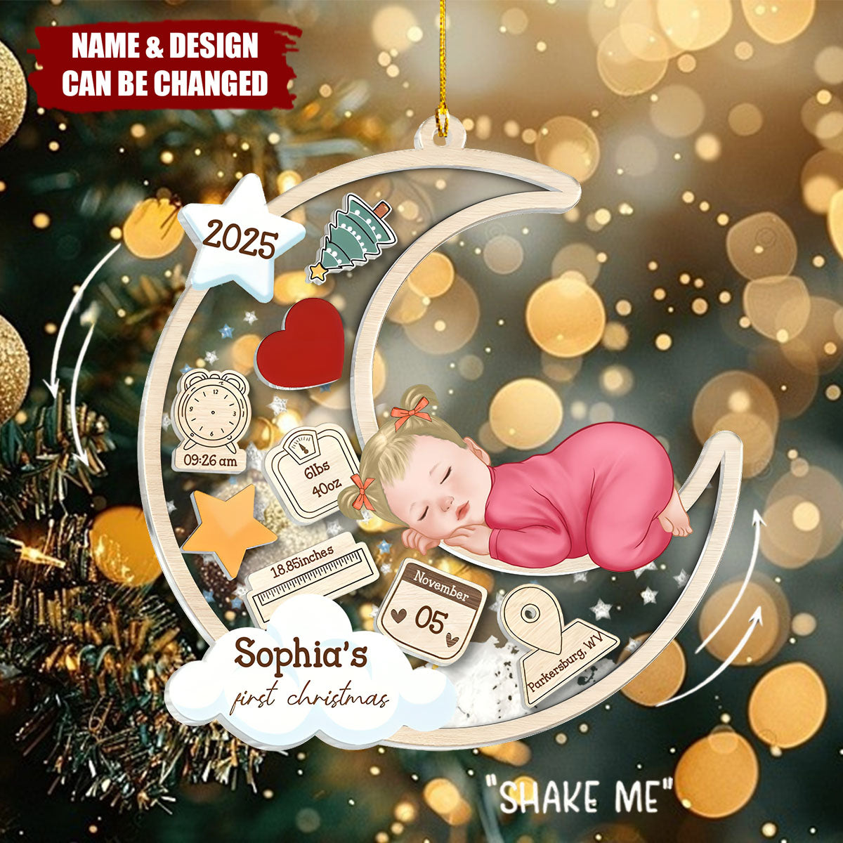 Personalized Baby Sleeping on the Moon 4D Shaker Ornament - Customize Name, Commemorate The First Christmas, Get Baby's Exclusive Christmas Memory