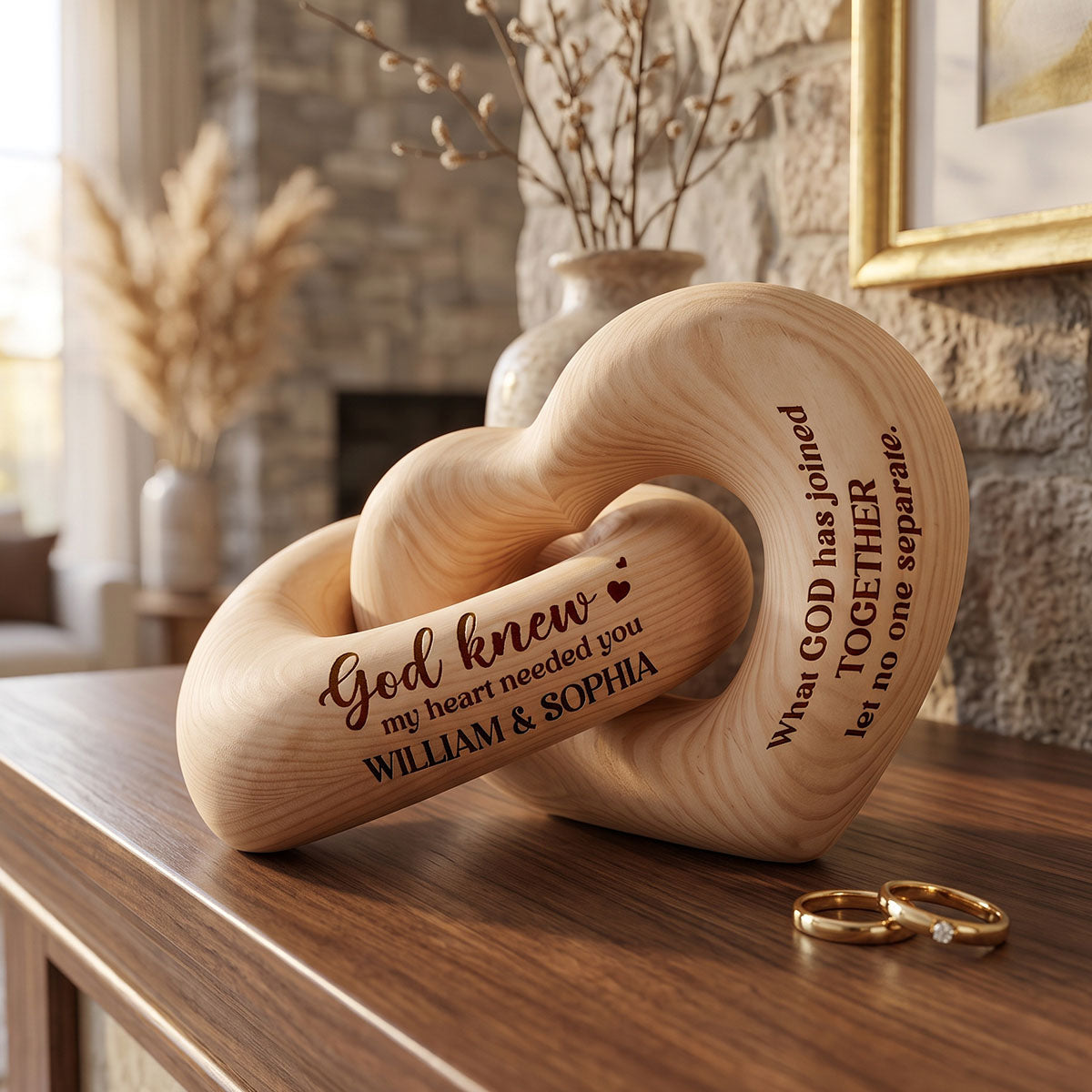 Personalized Interlocking Couple Wooden Hearts Sculpture - God Knew My Heart Needed You