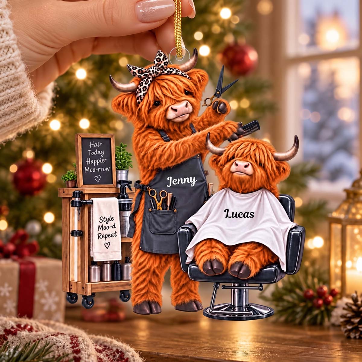 Personalized Highland Cow Hair Salon Acrylic Ornament | Funny Christmas Gift For Hair Stylists Barbers Salon Owners