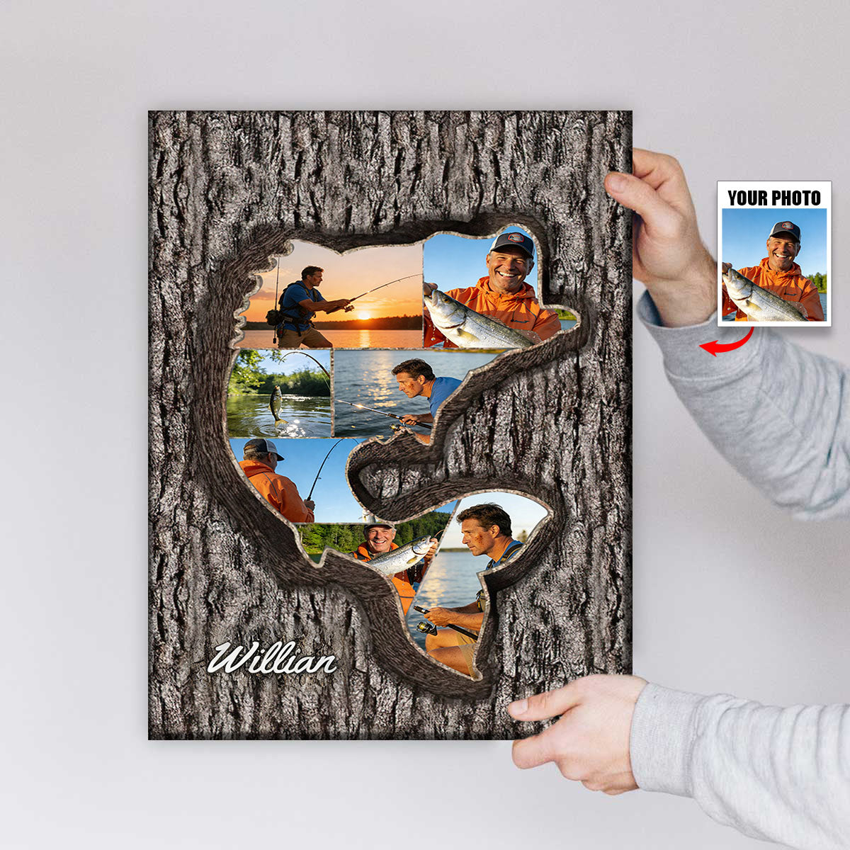 Personalized Fishing Silhouette Photo Collage Cover Poster With Name - Father's Day Birthday Gift For Dad & Anglers