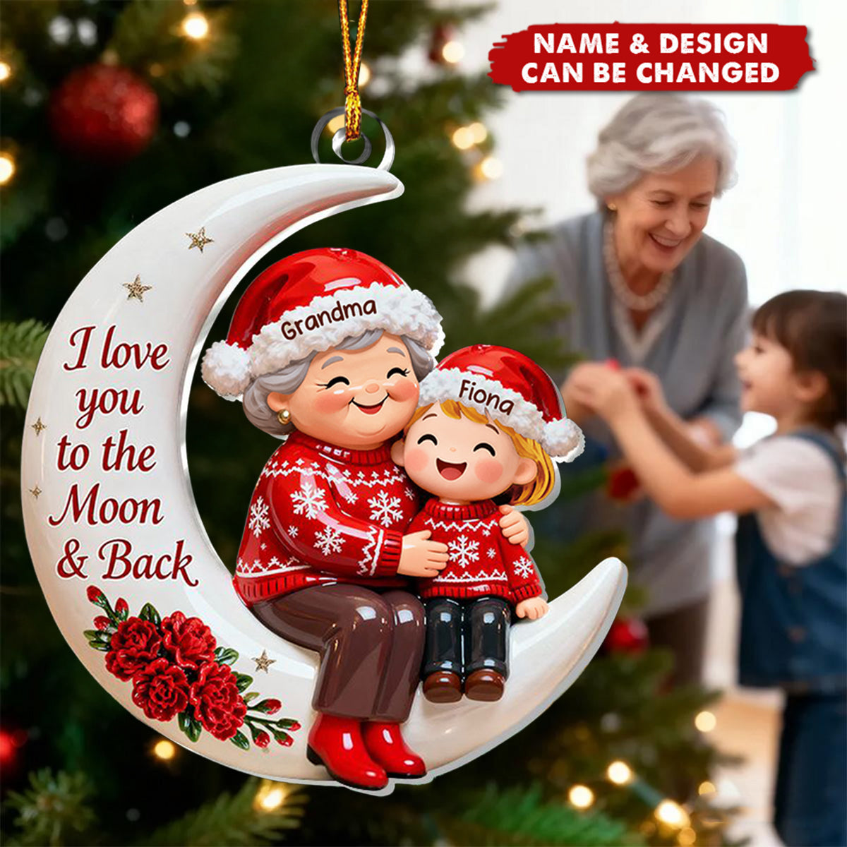 Personalized "Love You to the Moon" Ornament With Grandma & Grandchild Names | Heartfelt Xmas Gift For Nana Granny & Kids