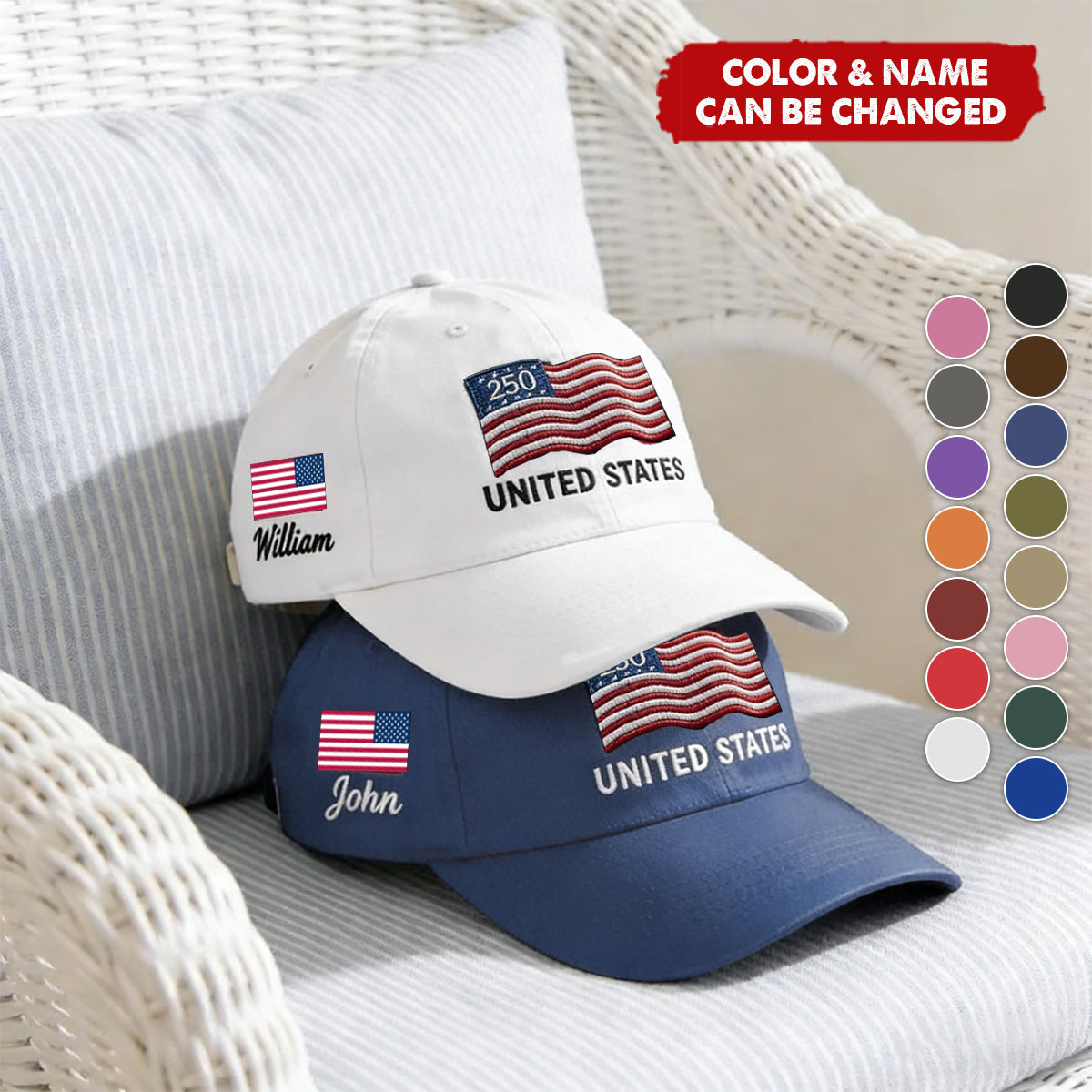 Custom Name United States 250th Anniversary Hat USA Flag Patriotic Cap, Cotton Twill Adjustable Dad Hat