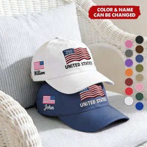 Custom Name United States 250th Anniversary Hat USA Flag Patriotic Cap, Cotton Twill Adjustable Dad Hat