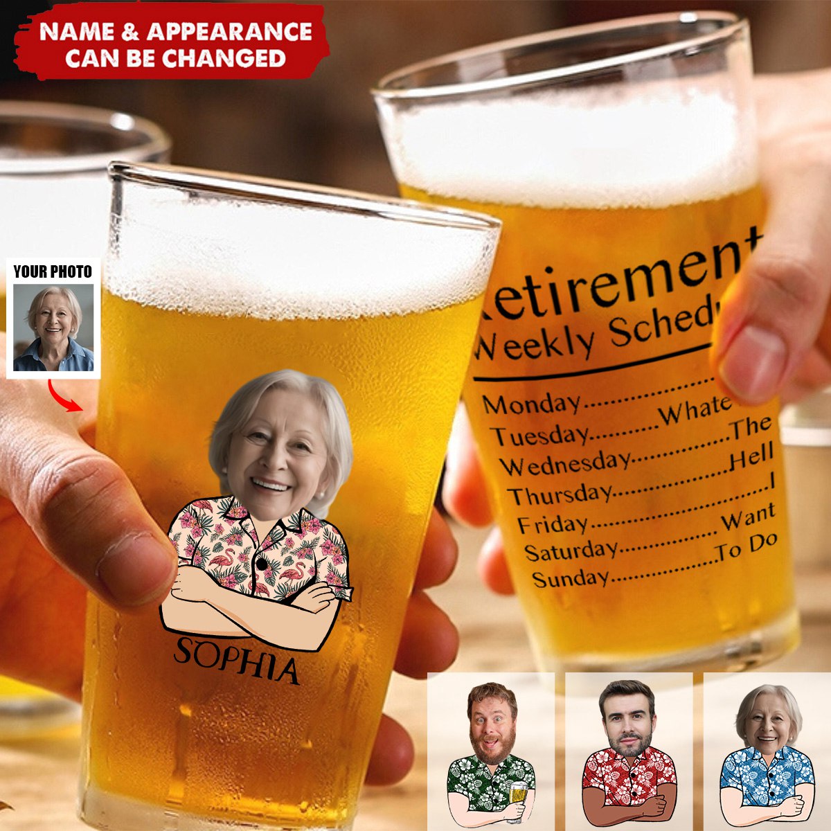 Personalized Retirement Weekly Schedule Beer Glass - Customized Photo Fun Gift To Celebrate Retirement And New Life For Retired People