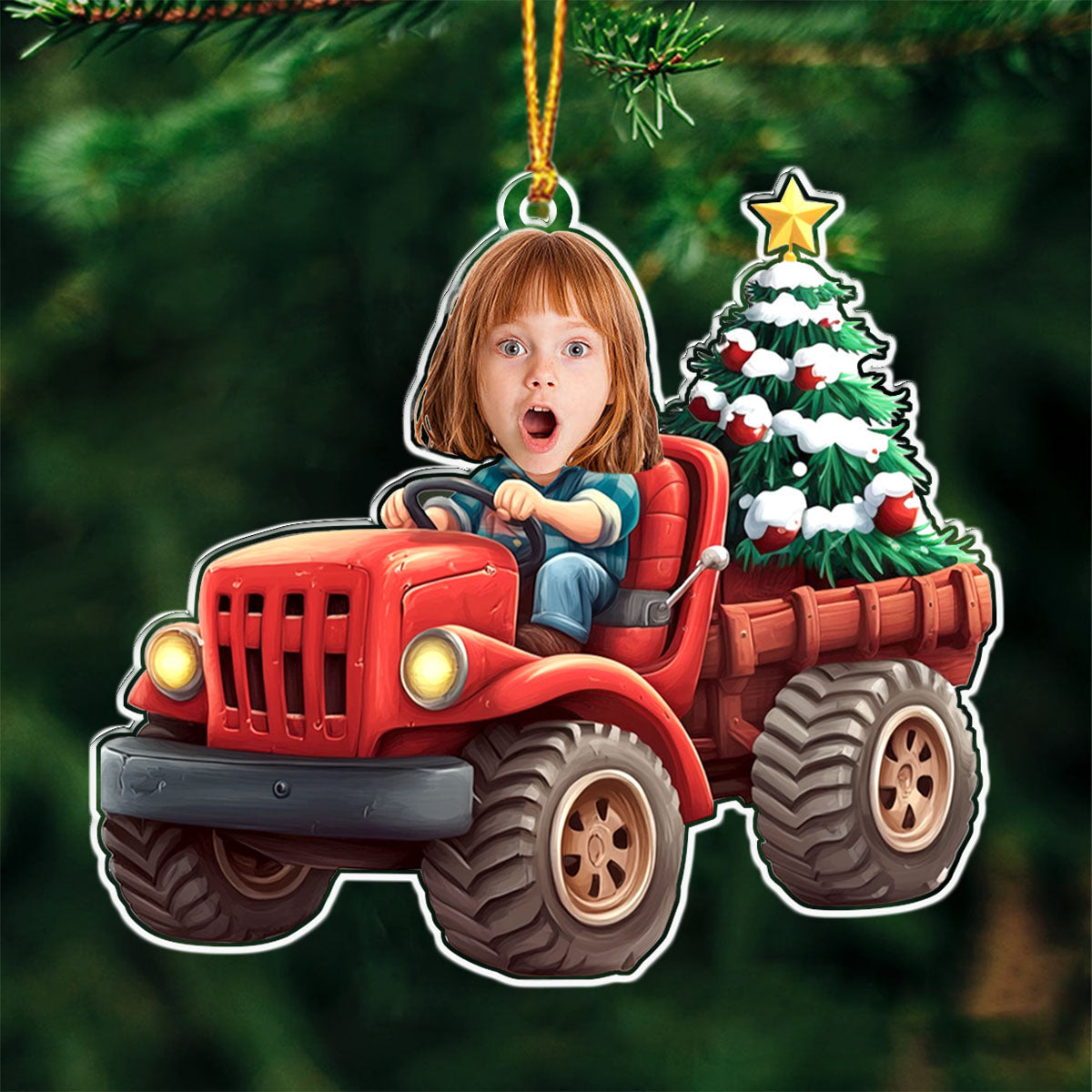 Personalized Kids Christmas Ornament With Name & Photo of Children in Red Truck | Warm Family Holiday Gifts For Family