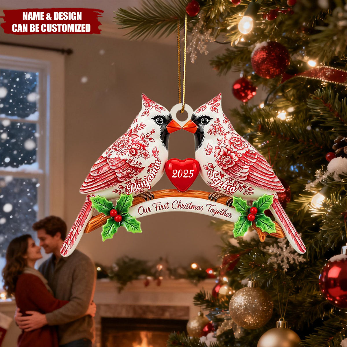 Personalized Toile De Jouy Love Bird Acrylic Ornament With Names & Year - Christmas | Engagement | Anniversary Gift For Couple