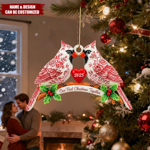 Personalized Toile De Jouy Love Bird Acrylic Ornament With Names & Year - Christmas | Engagement | Anniversary Gift For Couple